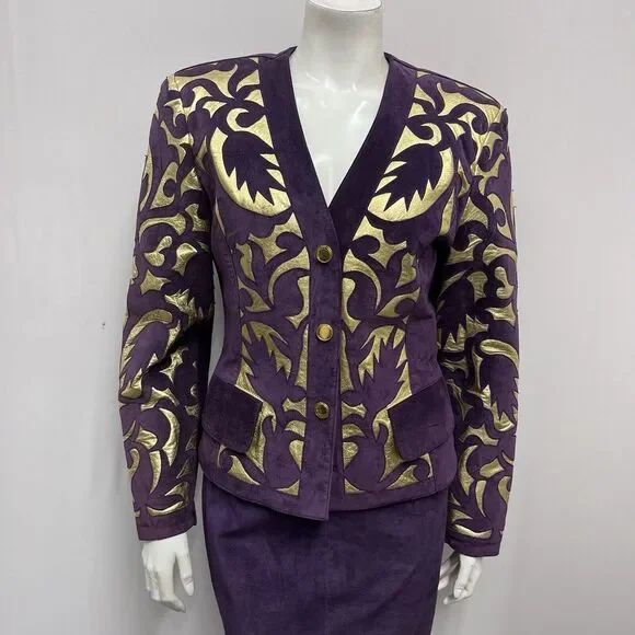 Vintage North Beach Leather Dress & Jacket Set Purple Suede Gold Leather  5/6 7/8